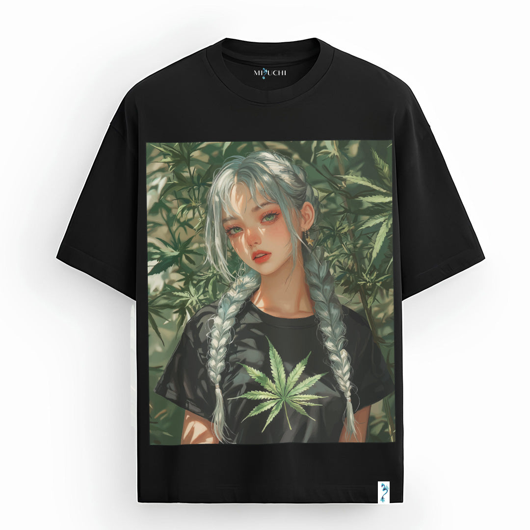 Marijuana oversized Japanese streetwear T-shirt, cosmic girl, smoke art, Mizuchi Clothing Nightvision Series.
