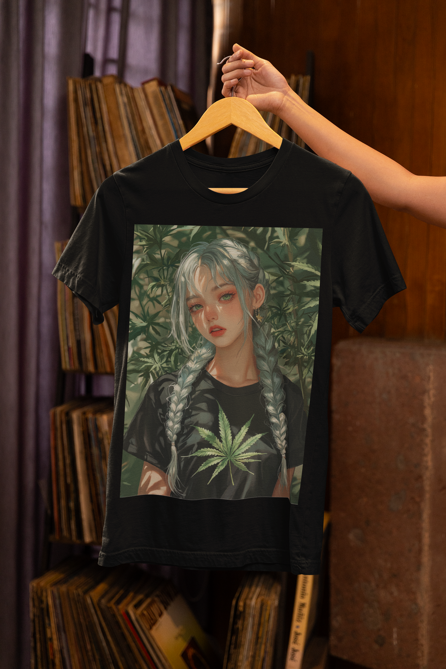 Oversized T-shirt, Marijuana cosmic girl, urban streetwear, bold colors, Mizuchi.