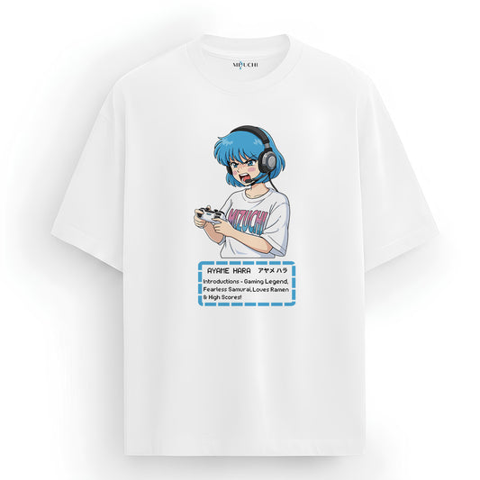 Mizuchi Ayame Hara Tee front: Blue hair gamer girl headphones on premium white 100% cotton t-shirt Monochrome Series.