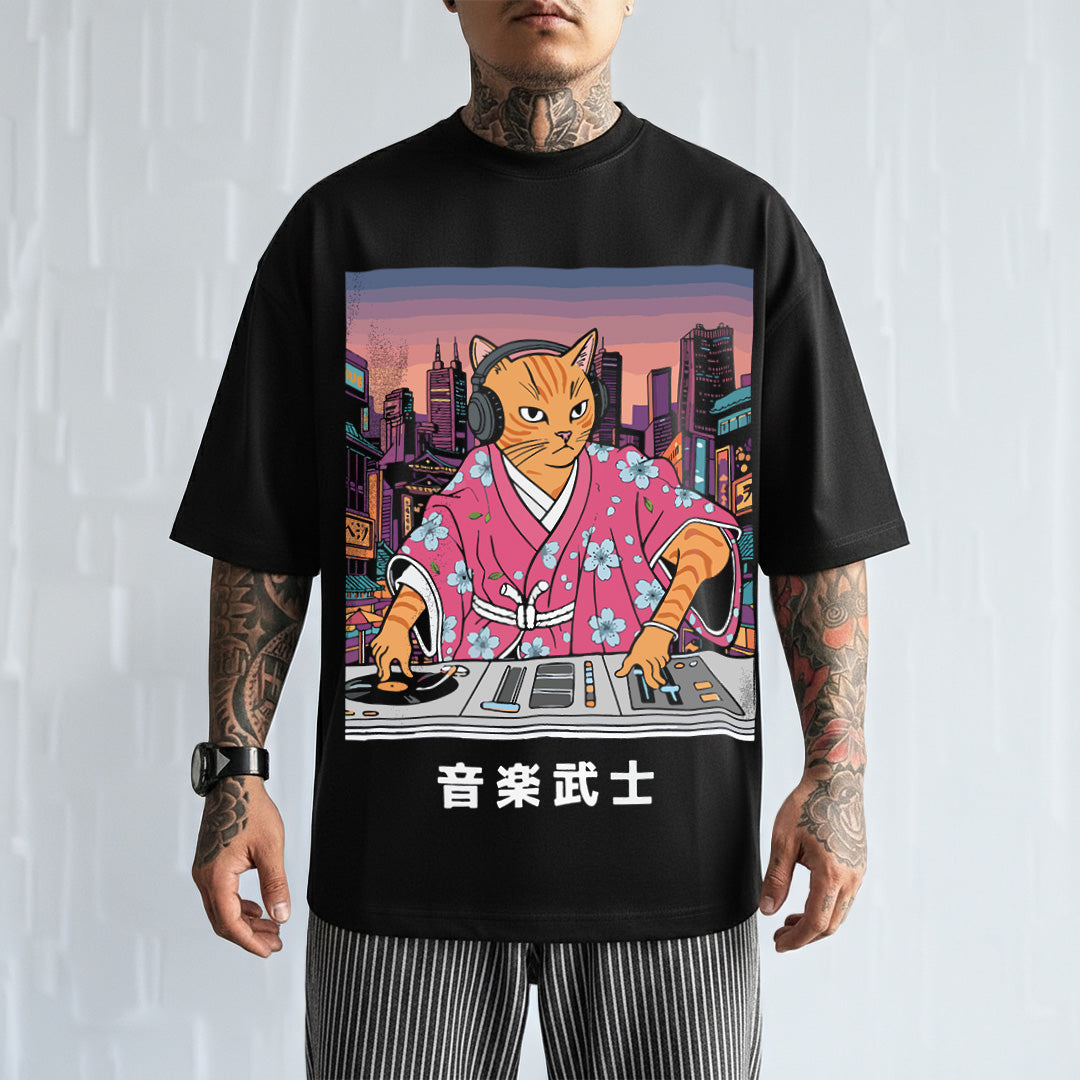 Close-up Mizuchi Cat DJ print: Vibrant cyberpunk cat yukata