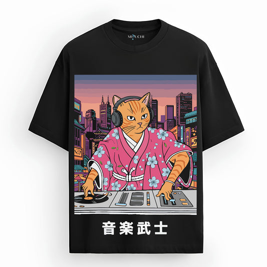 Mizuchi Cat DJ Tee front view: Cyberpunk orange cat in pink yukata DJing neon city on premium black 100% cotton t-shirt, Monochrome Series.