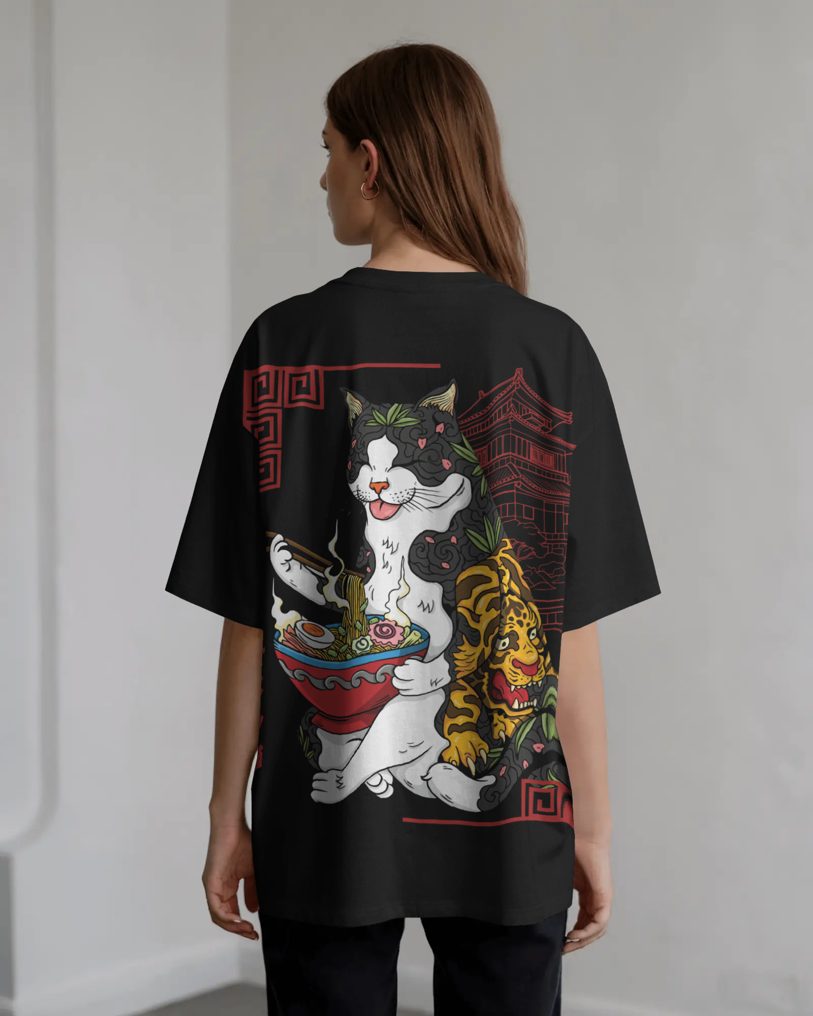 Mizuchi cat ramen pagoda t-shirt back: Japanese street cat eating noodles architecture design black tee.