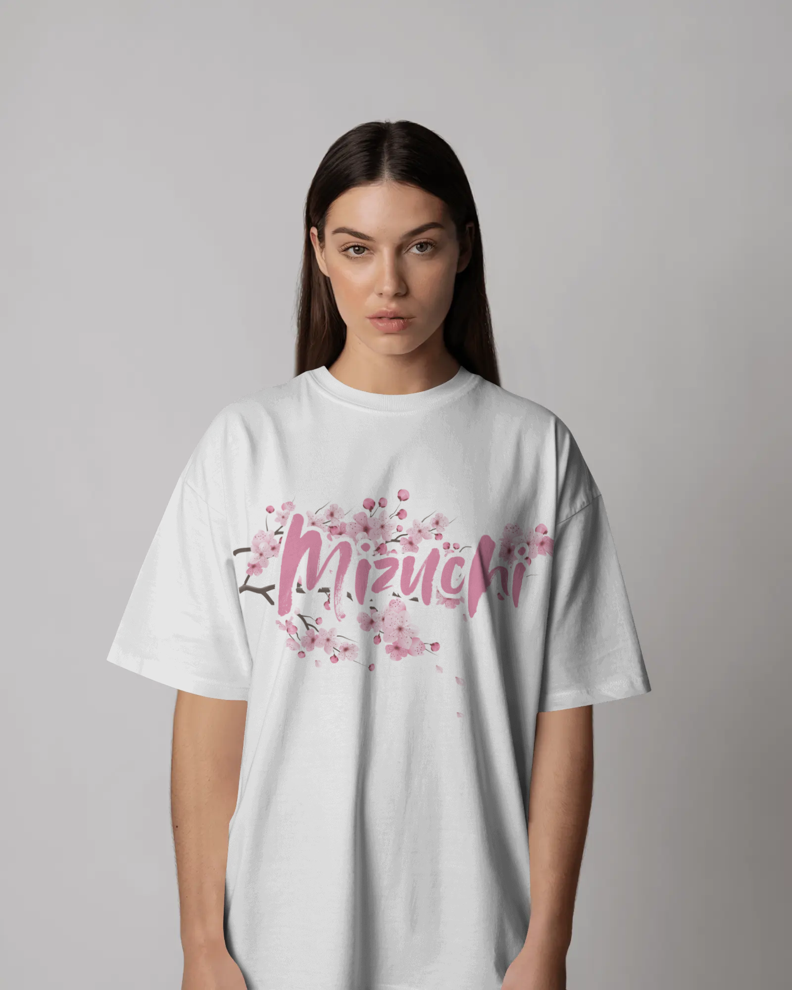 Premium Mizuchi sakura dragon tee front: Flowing petals brand name on 100% cotton white t-shirt Monochrome Japan inspired.