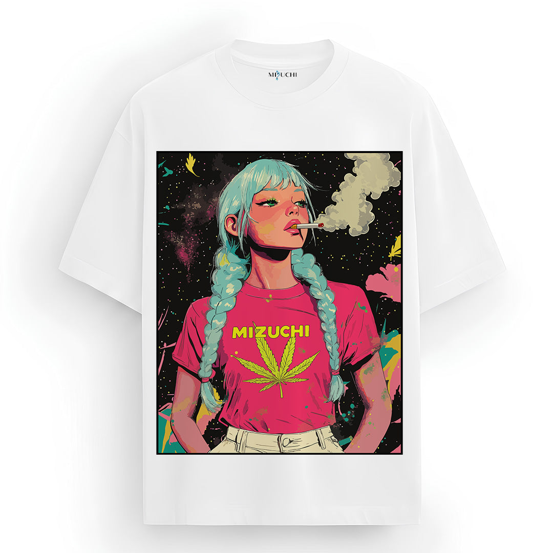 Mizuchi Cosmic Smoke Tee front: Cyan hair smoking girl cosmic cannabis on premium white 100% cotton t-shirt Monochrome Series.