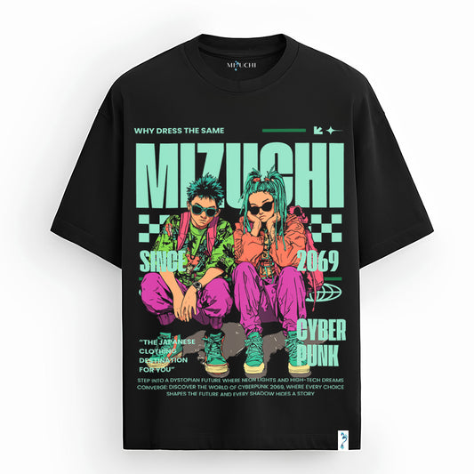 Mizuchi Cyberpunk oversized Japanese streetwear T-shirt, neon characters, Japanese text, Nightvision Series.