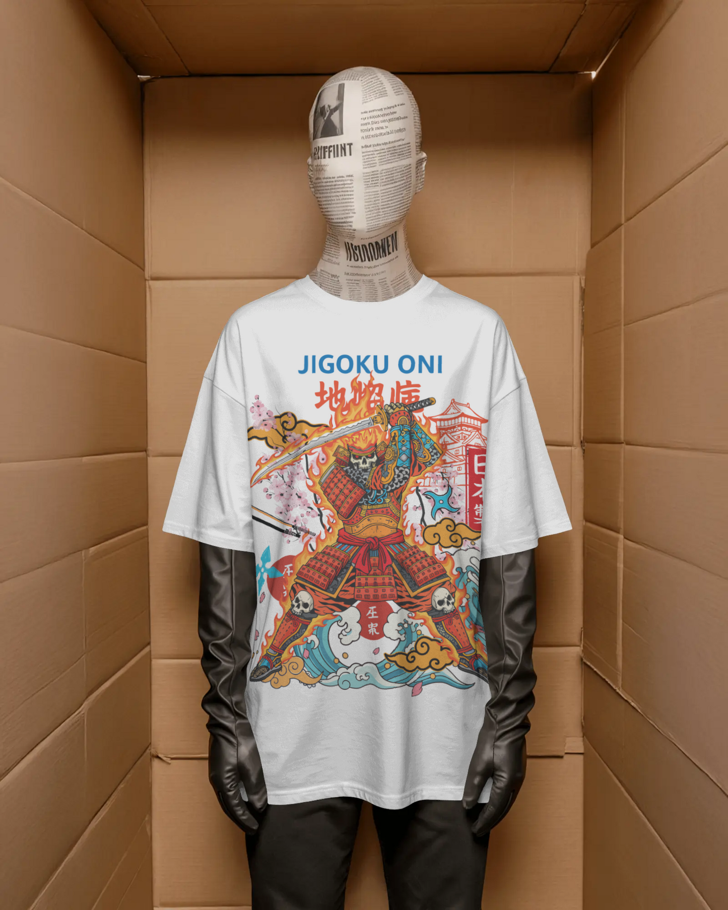 Mizuchi demon samurai t-shirt front: Jigoku Oni hell warrior cherry blossoms on white cotton tee digital print.