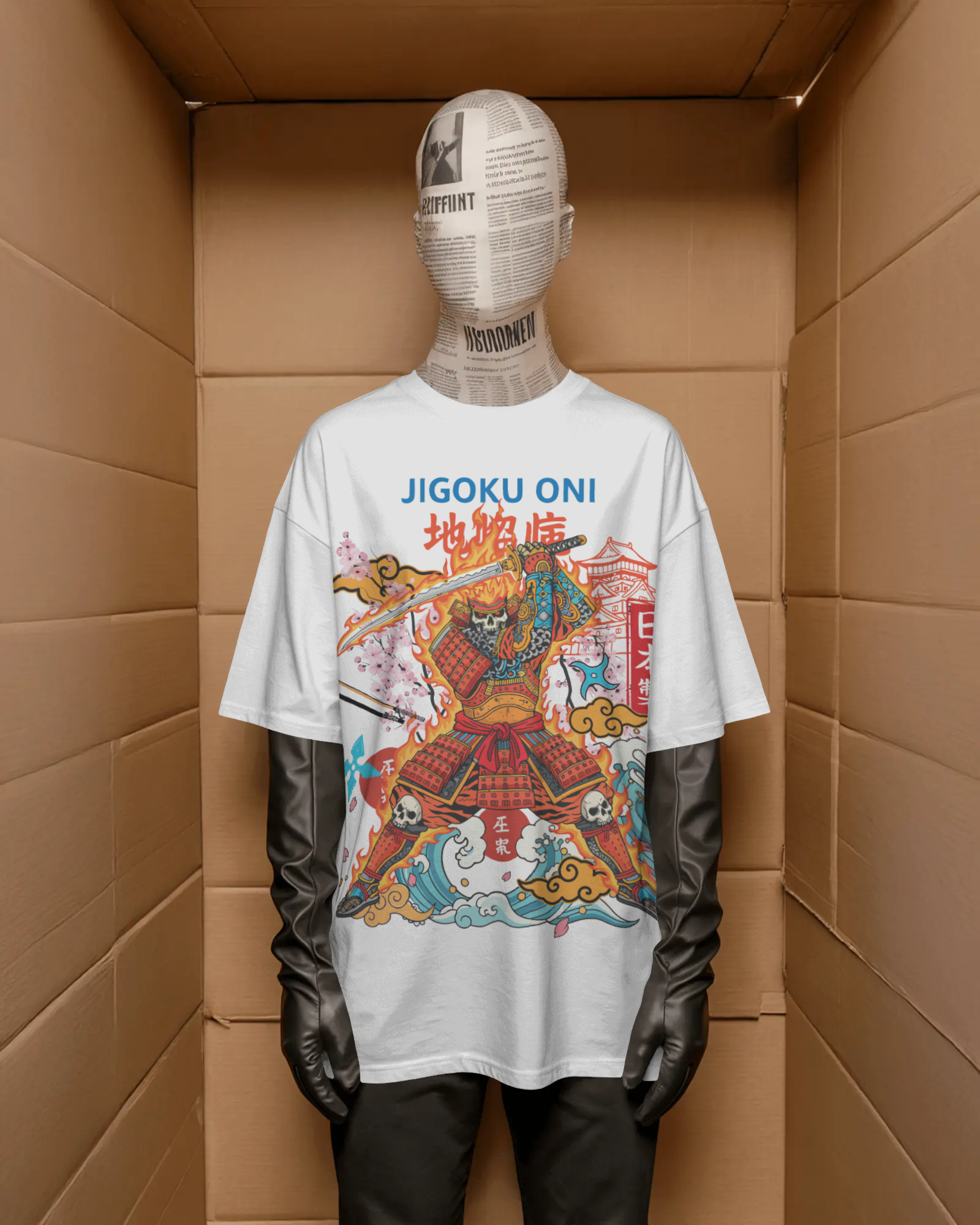 Mizuchi demon samurai t-shirt front: Jigoku Oni hell warrior cherry blossoms on white cotton tee digital print.