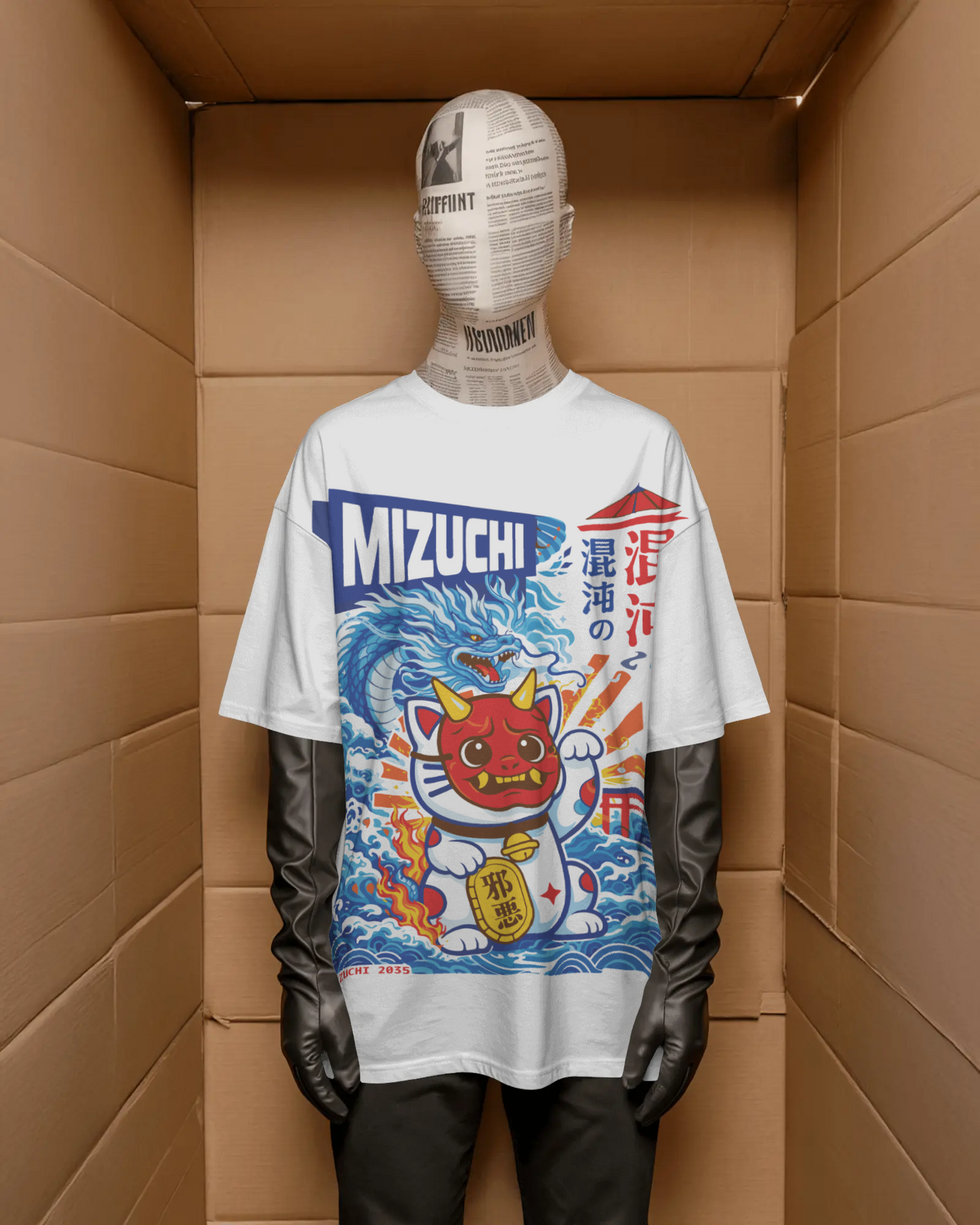 Mizuchi dragon fortune cat t-shirt front: Japanese maneki-neko oni design on white cotton tee digital print.