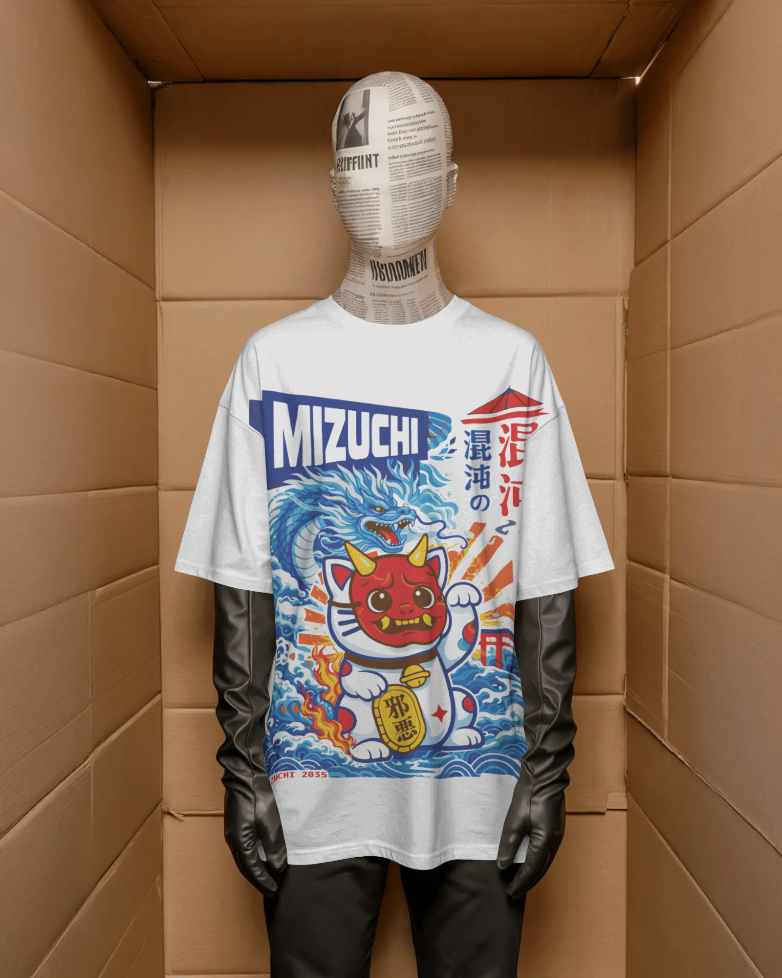 Mizuchi dragon fortune cat t-shirt front: Japanese maneki-neko oni design on white cotton tee digital print.