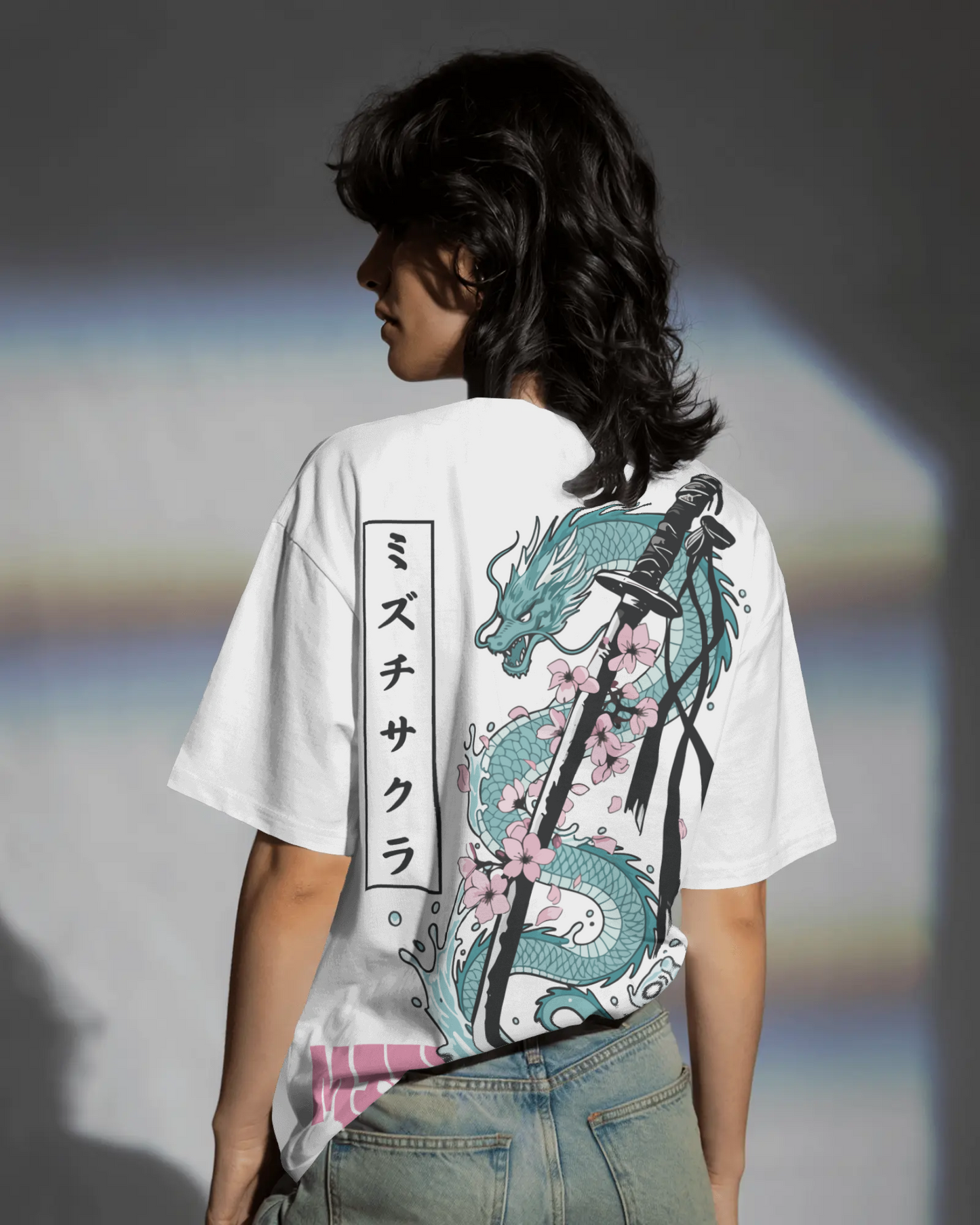 Mizuchi dragon sakura katana t-shirt back: Japanese mythical beast sword petals on white tee streetwear.