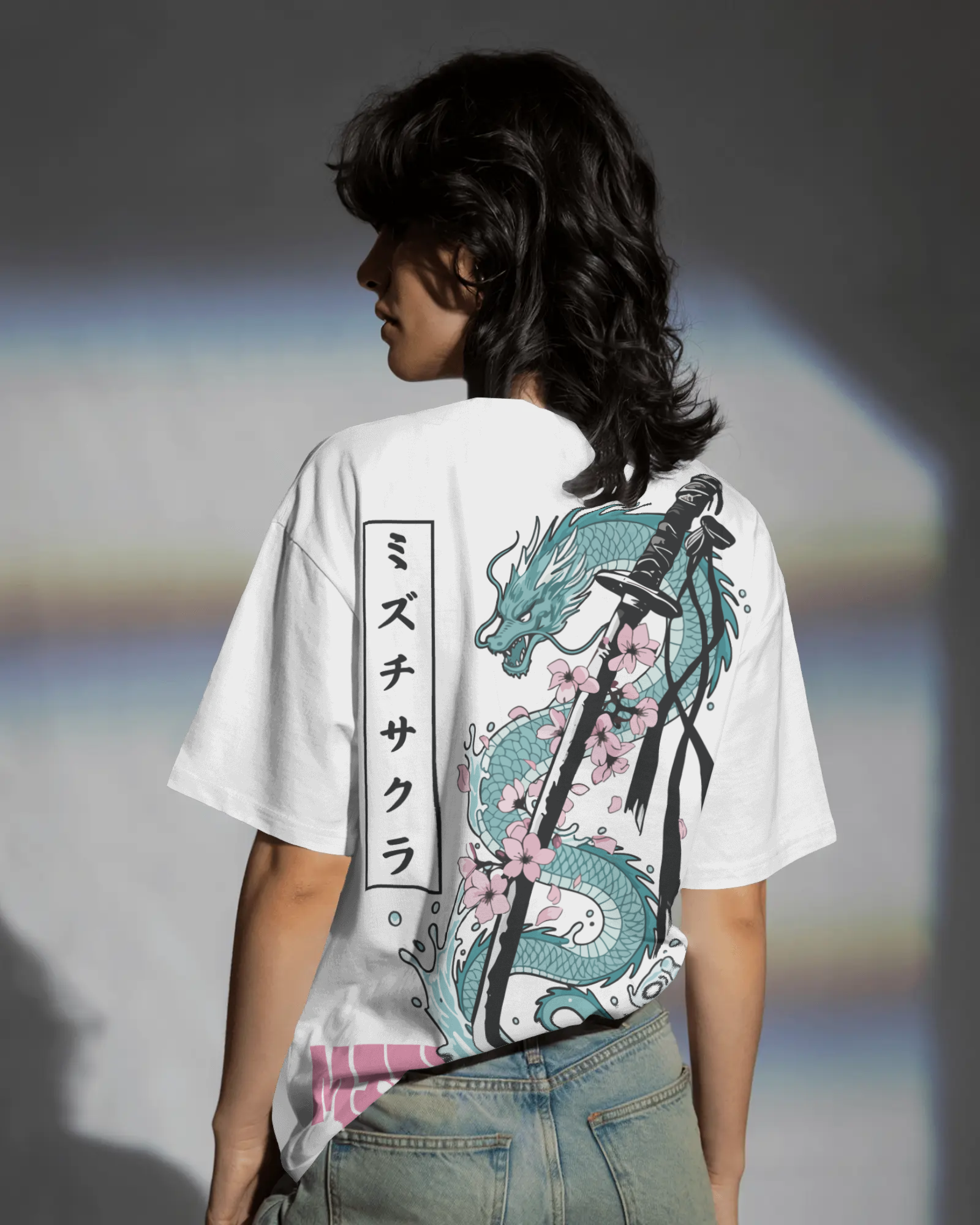 Mizuchi dragon sakura katana t-shirt back: Japanese mythical beast sword petals on white tee streetwear.