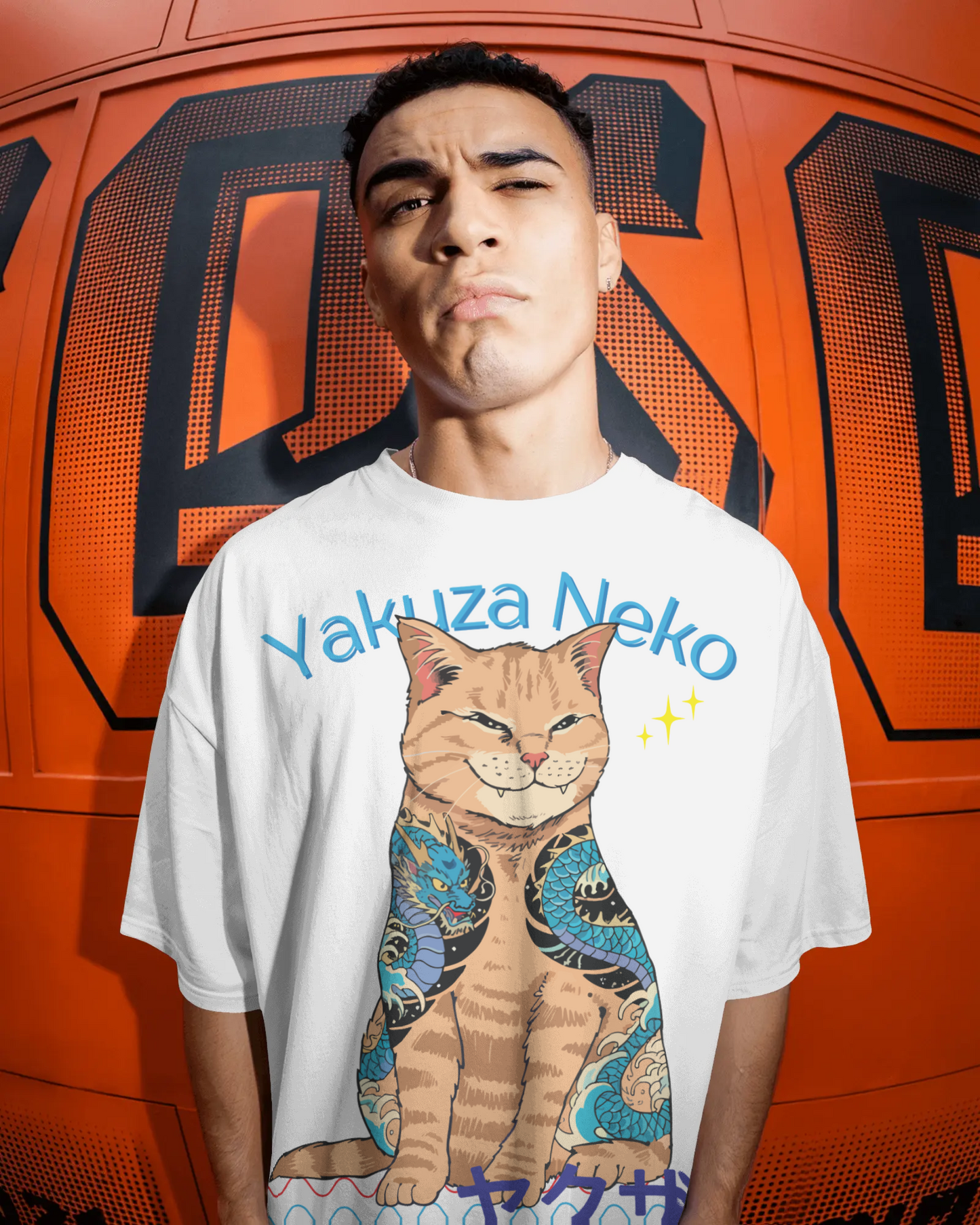 Premium Mizuchi yakuza cat tee front: Irezumi dragon design on 100% cotton white t-shirt Monochrome Japan inspired.