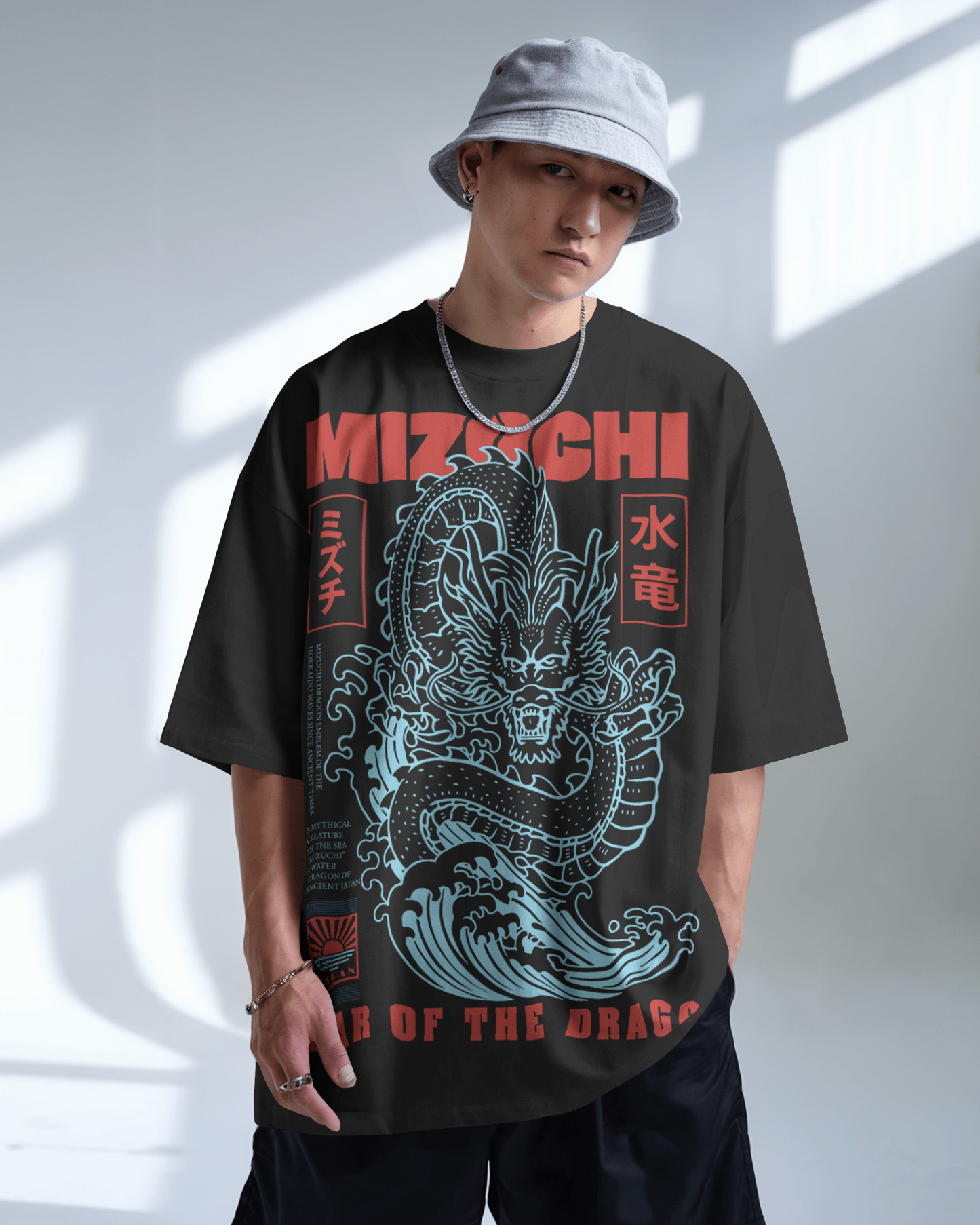 Mizuchi dragon wave t-shirt front: Japanese year dragon crashing waves design on black cotton tee direct film print.