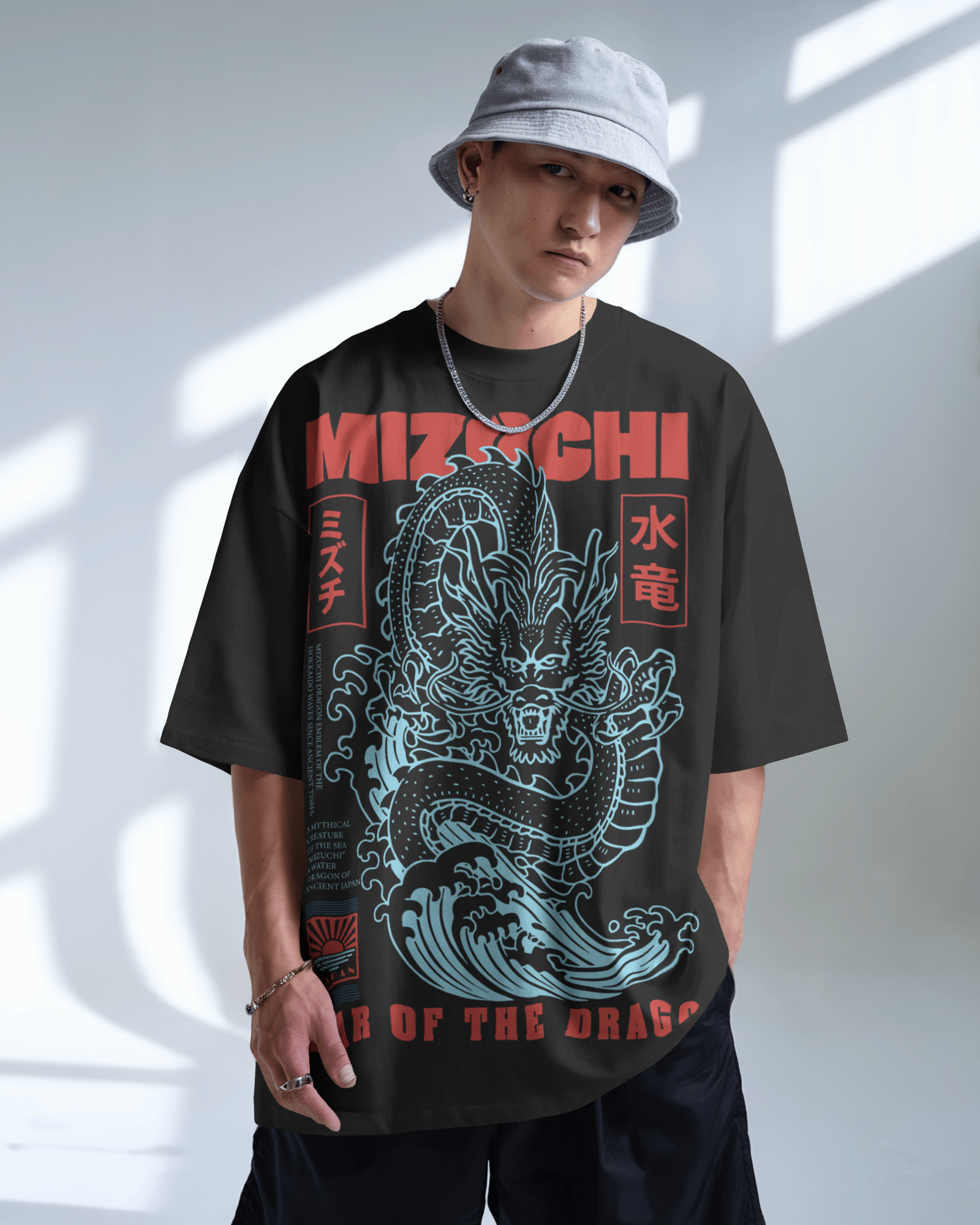 Mizuchi dragon wave t-shirt front: Japanese year dragon crashing waves design on black cotton tee direct film print.