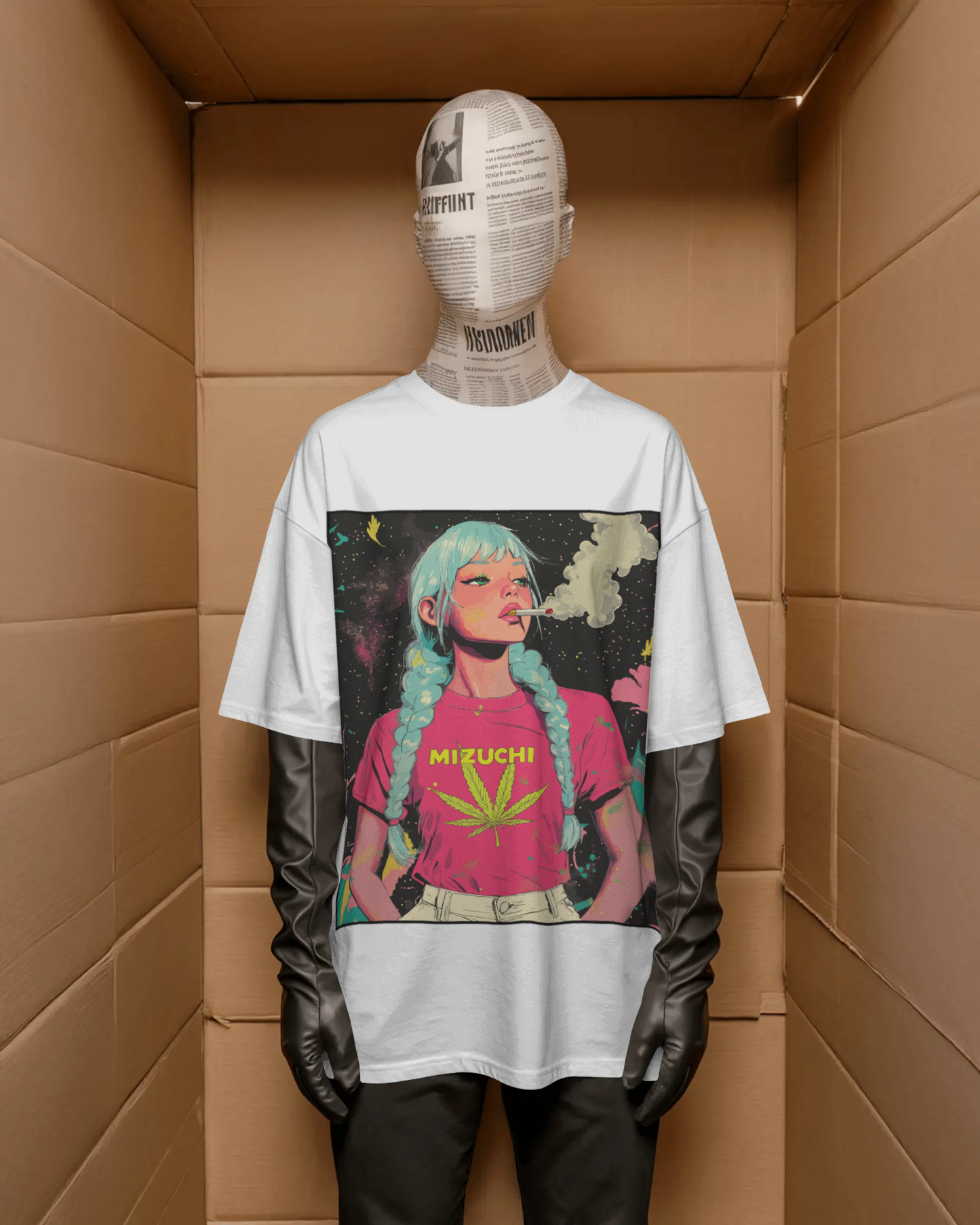 Mizuchi cosmic smoke girl t-shirt front: Psychedelic cyan hair galaxy design on white cotton tee digital print.