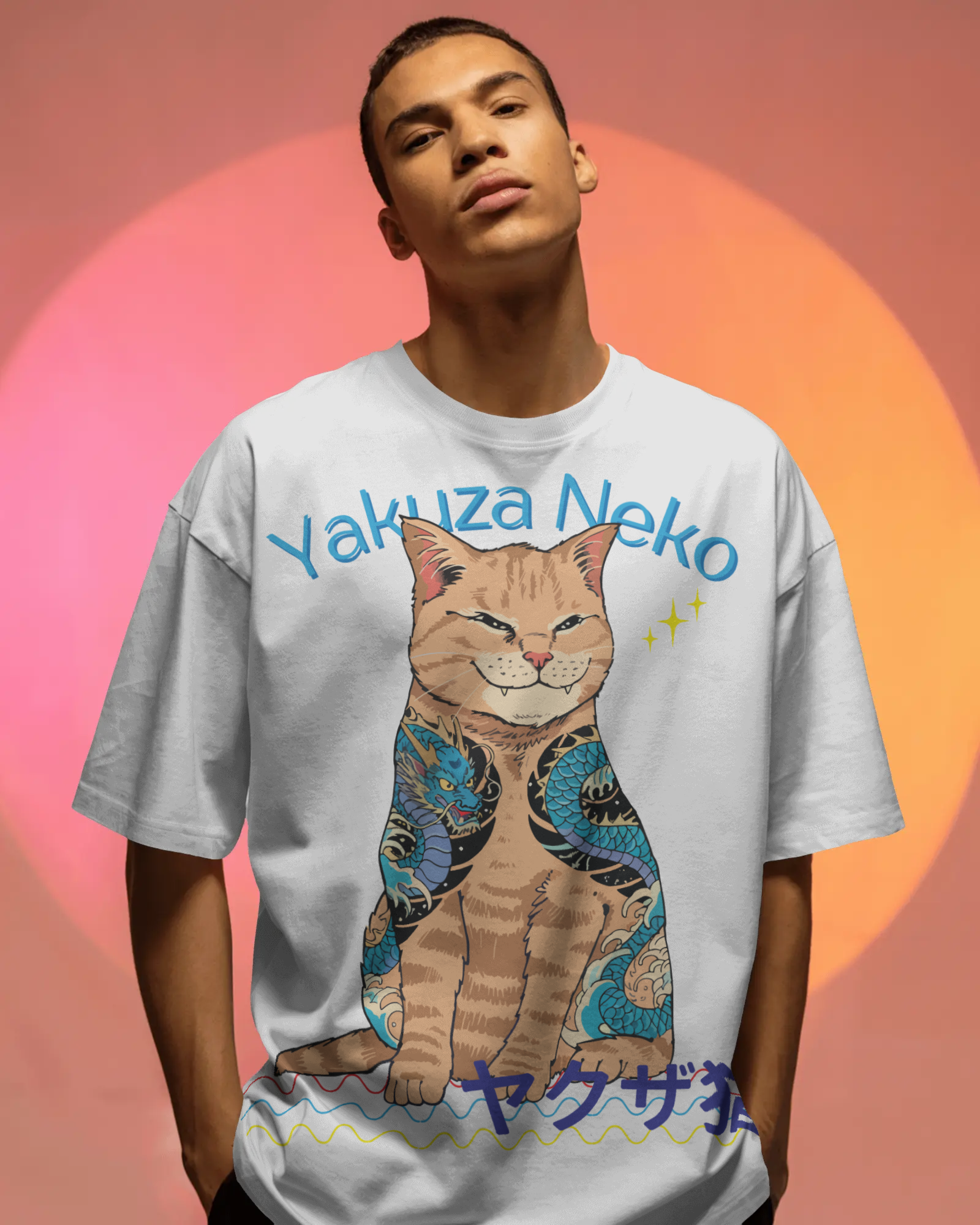 Mizuchi gangster cat t-shirt front: Yakuza neko full body tattoos on white cotton tee digital print.