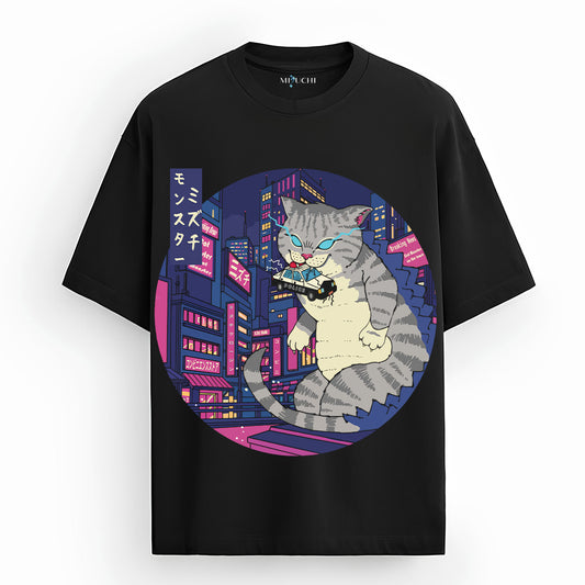 Mizuchi Godzilla Cat Tee front: Giant gray cyberpunk cat kaiju rampaging neon city on premium black 100% cotton t-shirt, Monochrome Series.