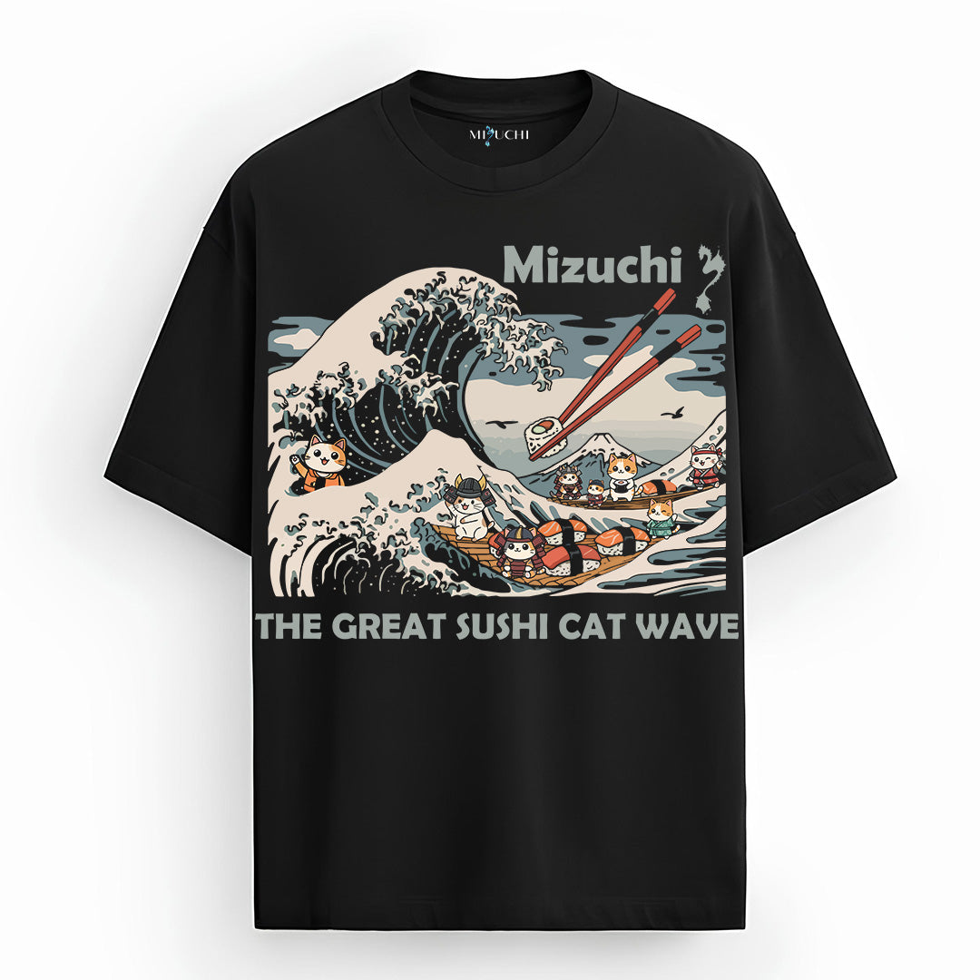 Mizuchi Great Sushi Cat Wave Tee front: Cats riding massive sushi wave with chopsticks on premium black 100% cotton t-shirt, Monochrome Series.