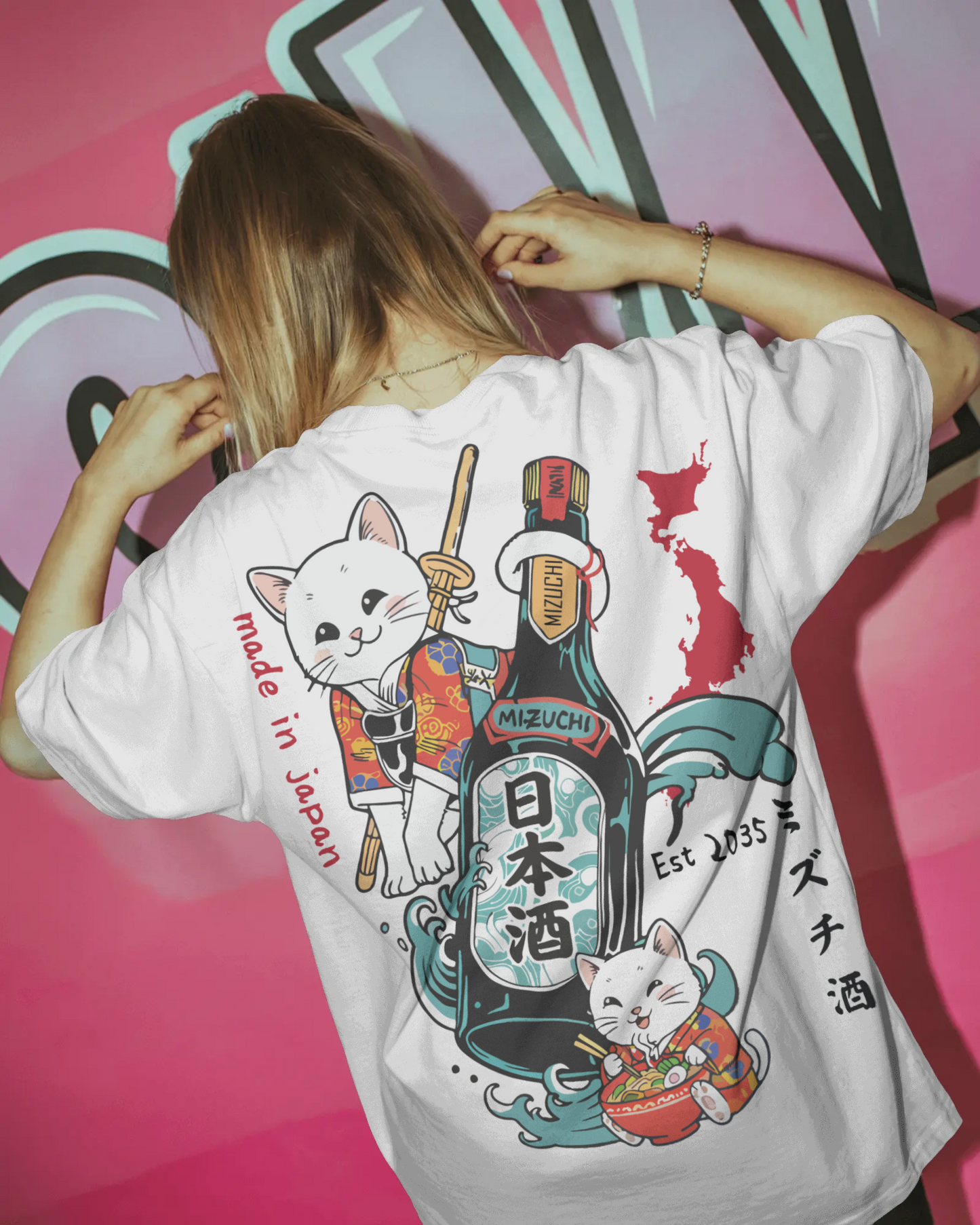 Mizuchi sake cats Japan t-shirt back: Kawaii bottle flag ramen design white tee Japanese streetwear