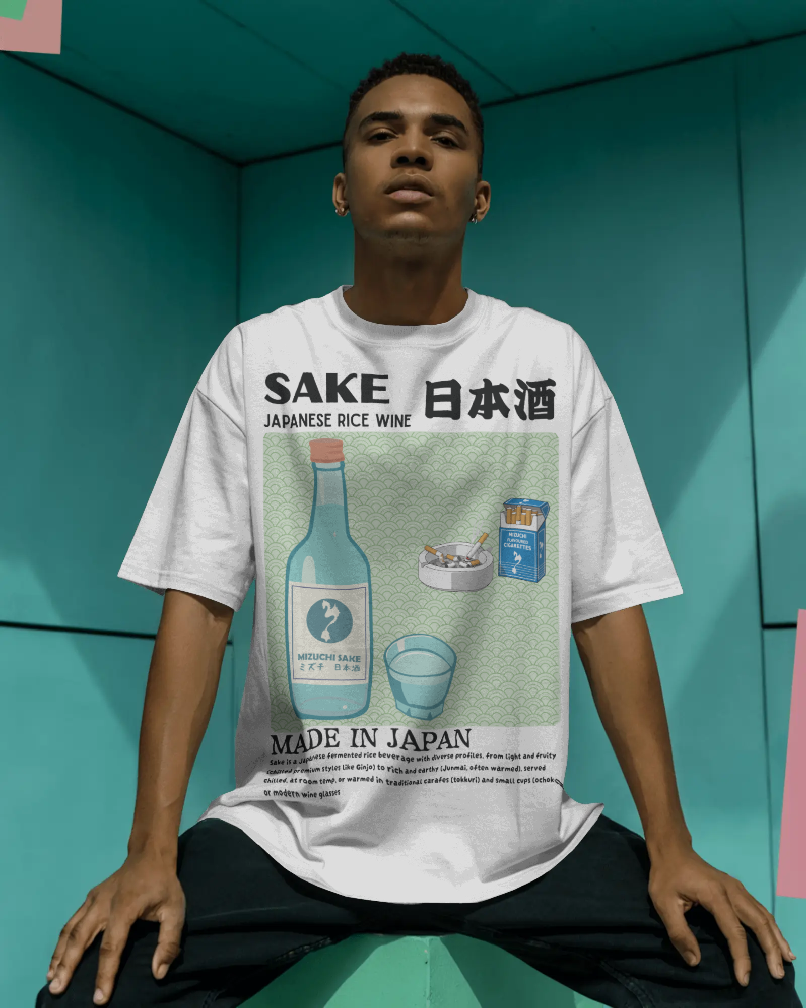 Mizuchi Japanese sake t-shirt front: Rice wine bottle green frame design on white cotton tee digital print.