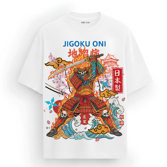 Mizuchi Jigoku Oni Tee front: Flaming demon samurai katana on premium white 100% cotton t-shirt Monochrome Series