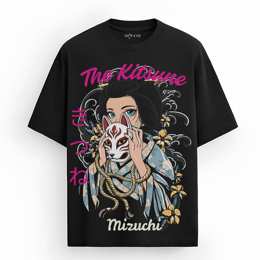 Mizuchi Kitsune Tee front: Fox spirit woman holding kitsune mask on premium black 100% cotton t-shirt Monochrome Series.