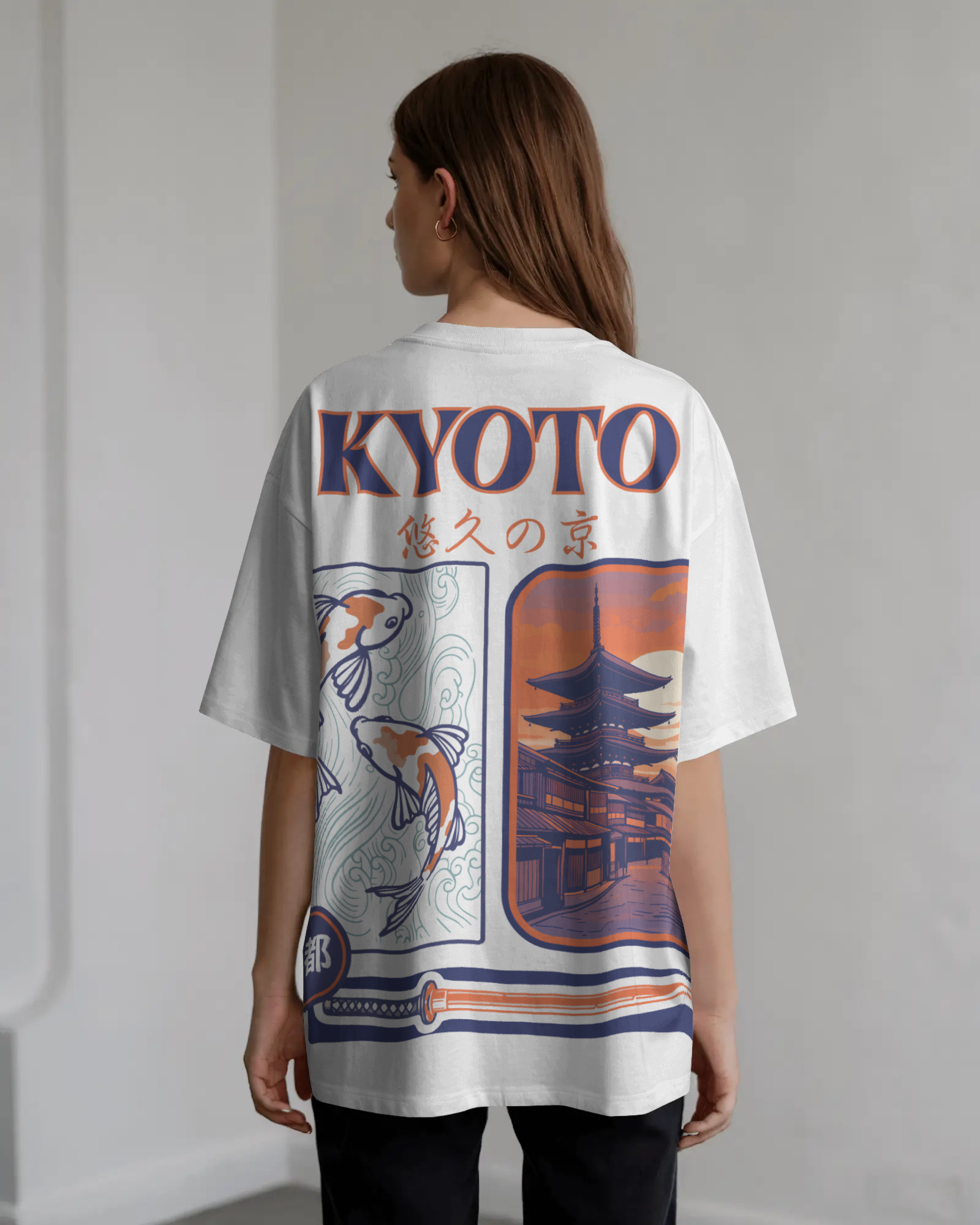 Mizuchi Kyoto temple t-shirt back: Japanese capital golden hour pagoda koi design white tee streetwear