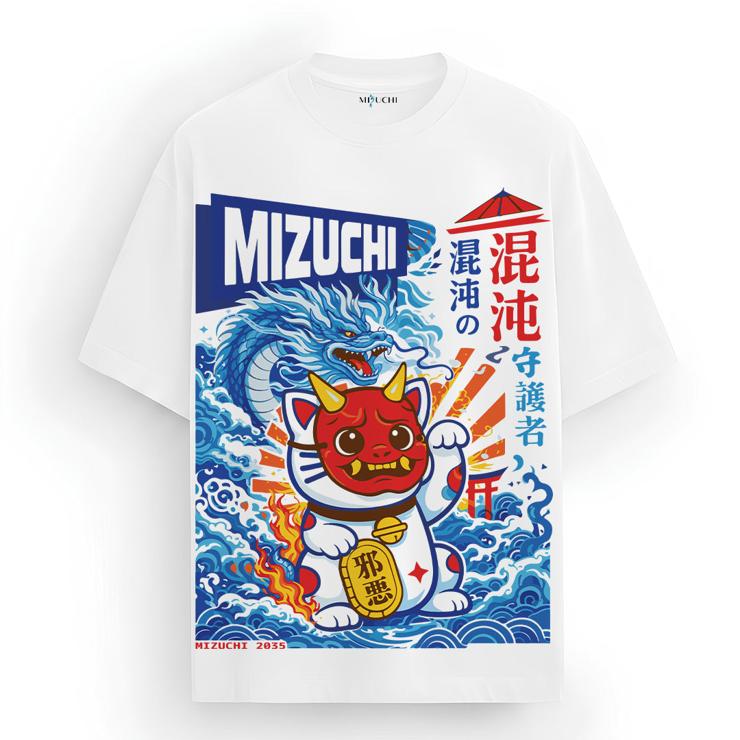 Mizuchi Maneki Neko Tee front: Red oni cat dragon waves on premium white 100% cotton t-shirt Monochrome Series.