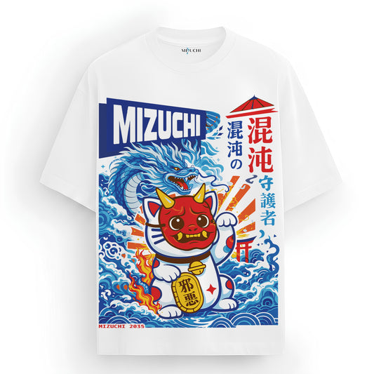 Mizuchi Maneki Neko Tee front: Red oni cat dragon waves on premium white 100% cotton t-shirt Monochrome Series.