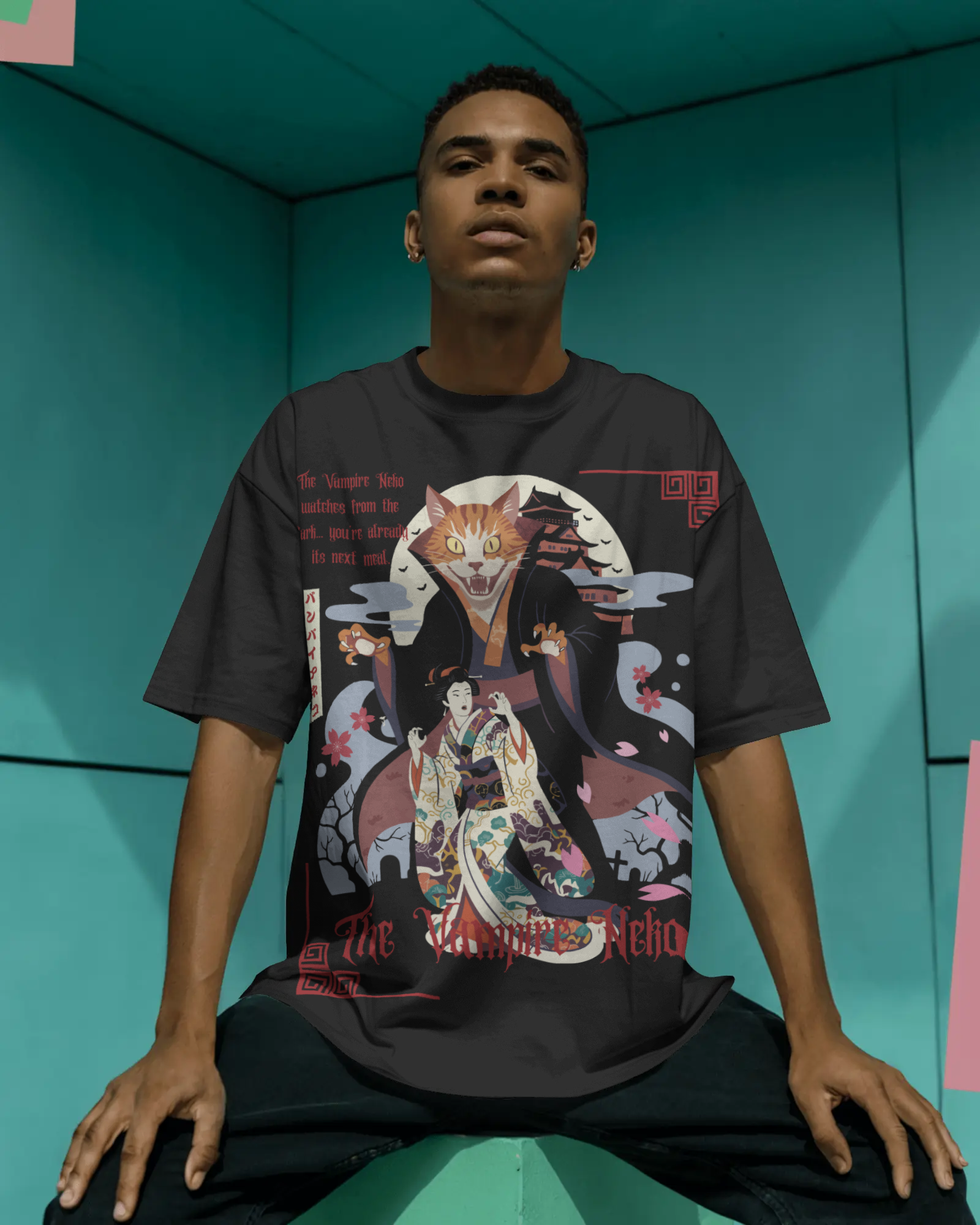 Premium Mizuchi vampire neko tee front: Gothic cat geisha pagoda moon on 100% cotton black t-shirt Monochrome Japan inspired.