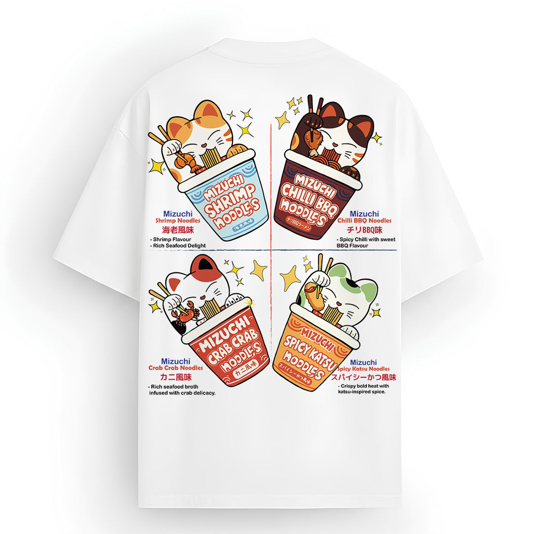 Mizuchi Noodles Tee back: 4 cats chili shrimp BBQ miso ramen bowls on premium white 100% cotton t-shirt Monochrome Series.
