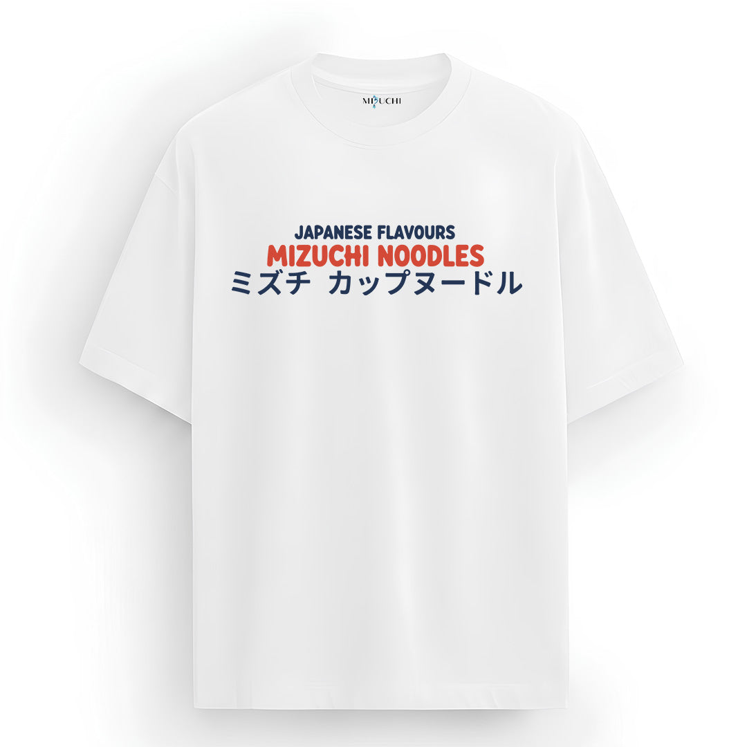 Mizuchi Noodles Tee front: Japanese Flavours Mizuchi Ramen text on premium white 100% cotton t-shirt Monochrome Series.