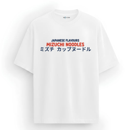 Mizuchi Noodles Tee front: Japanese Flavours Mizuchi Ramen text on premium white 100% cotton t-shirt Monochrome Series.