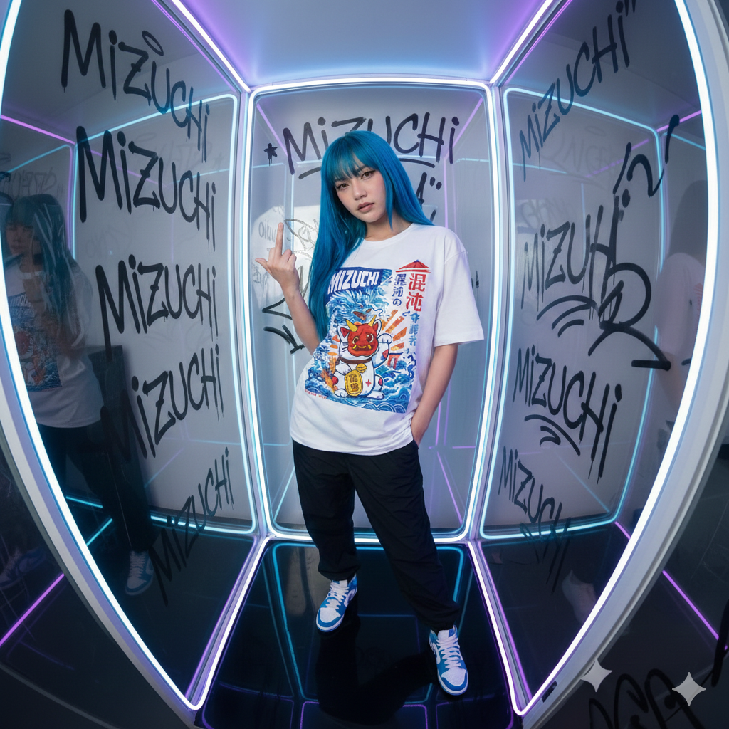 Premium Mizuchi maneki neko tee front: Prosperity dragon cat on 100% cotton white t-shirt Monochrome Japan inspired.