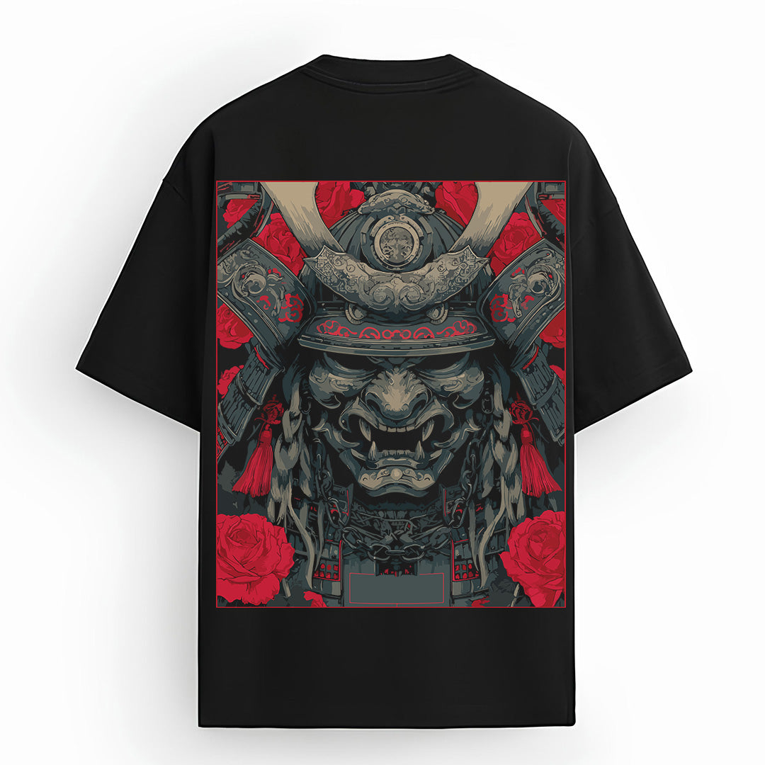 Mizuchi Onimusha Tee back: Fierce demon samurai mask with red horns and roses on black cotton tee