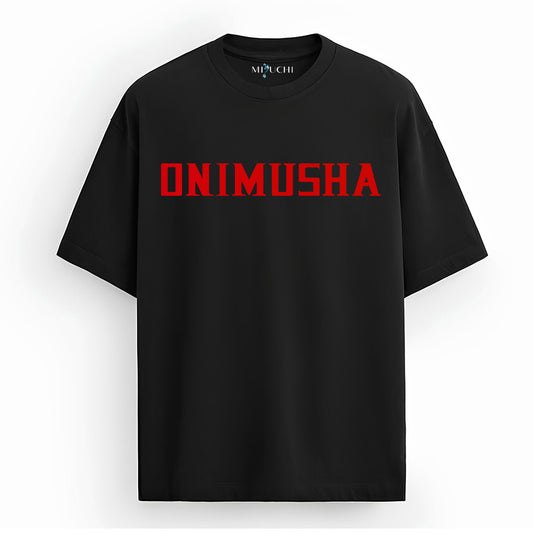 Mizuchi Onimusha Tee front: Bold red 'ONIMUSHA' text on premium black 100% cotton t-shirt, Monochrome Series.
