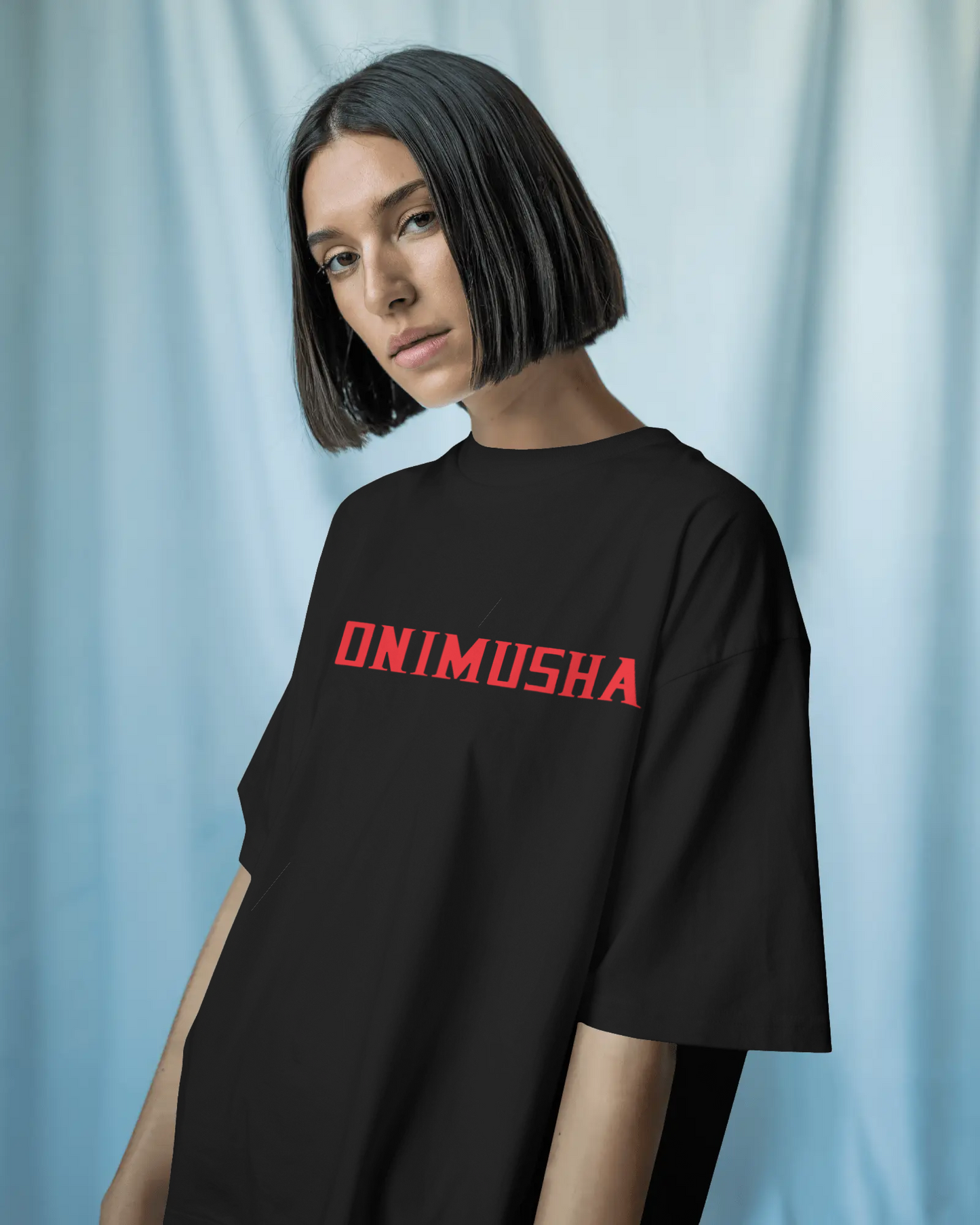 Mizuchi Onimusha Tee side view: Japanese demon warrior design on premium black t-shirt.