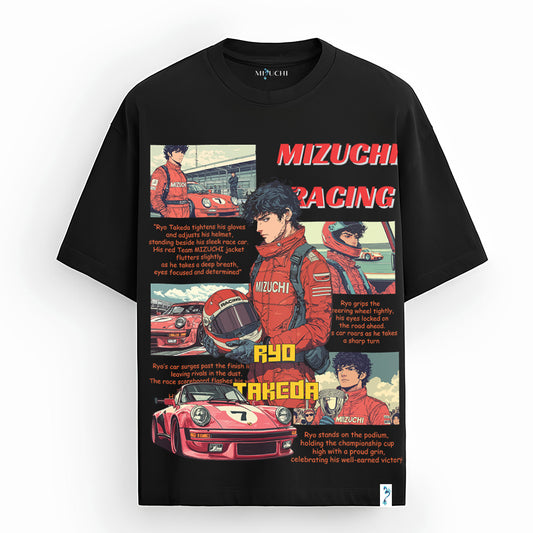 Mizuchi Racing oversized Japanese streetwear T-shirt, manga racer Ryu, red car print, Nightvision Series.