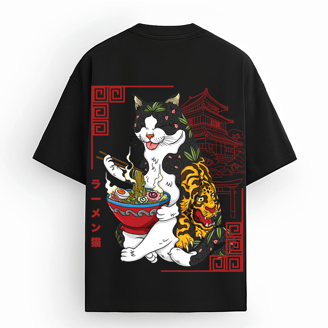Mizuchi Ramen Cat Tee back: Cat slurping ramen with tiger pagoda on premium black 100% cotton t-shirt Monochrome Series.
