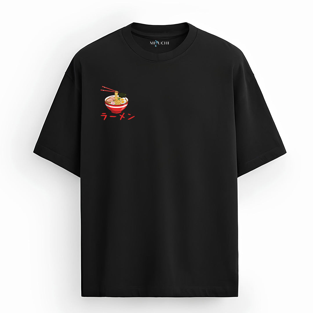 Mizuchi Ramen Cat Tee front: Minimal ramen bowl chopsticks on premium black 100% cotton t-shirt Monochrome Series.