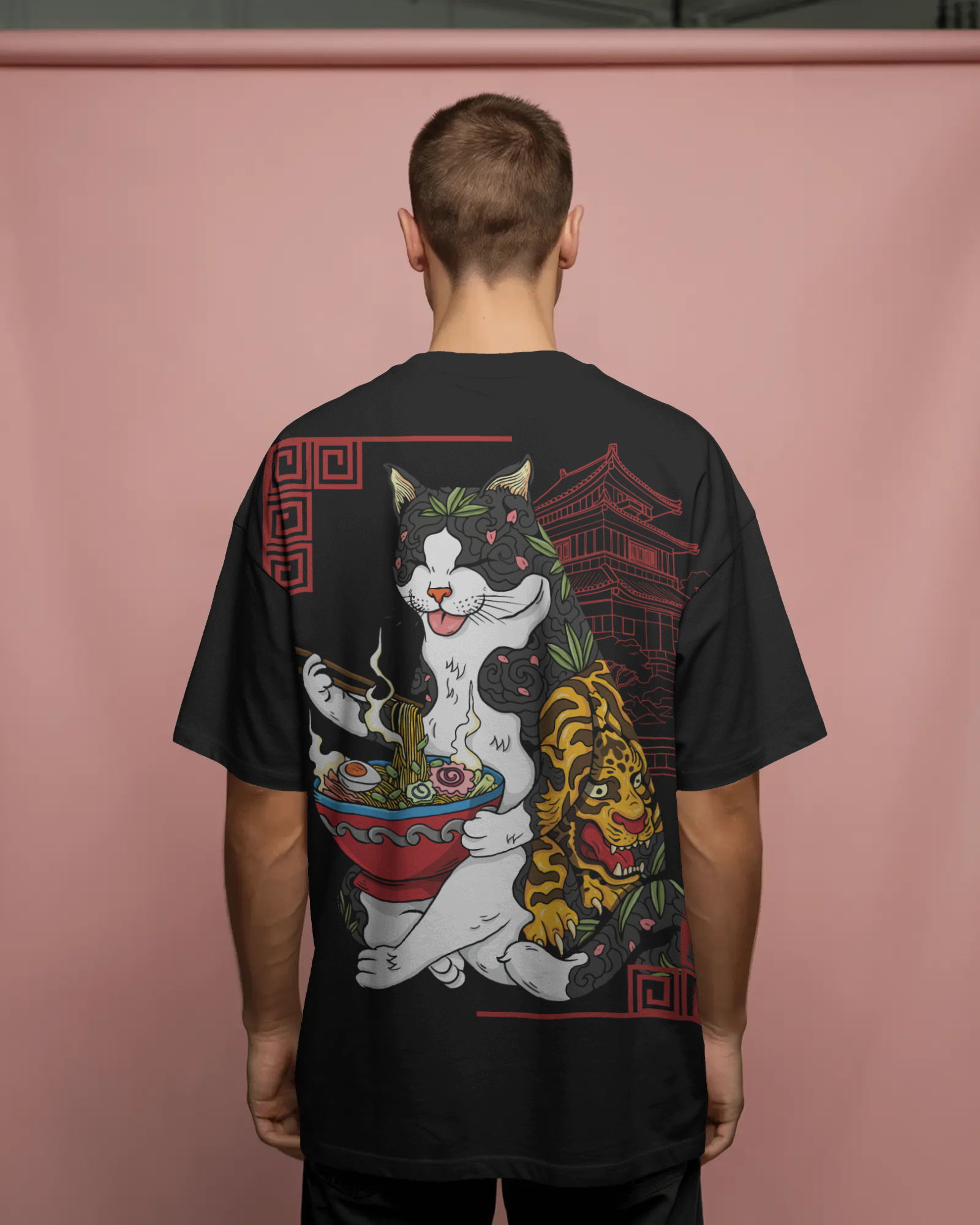 Mizuchi Ramen Cat Tee front: Minimal ramen bowl chopsticks on premium black 100% cotton t-shirt Monochrome Series.