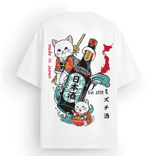 Mizuchi Sake Cats Tee back: Playful cats sake bottle Japan flag ramen on premium white 100% cotton t-shirt Monochrome Series.