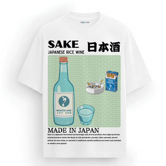 Mizuchi Sake Tee front: Japanese rice wine bottle ashtray on premium white 100% cotton t-shirt Monochrome Series