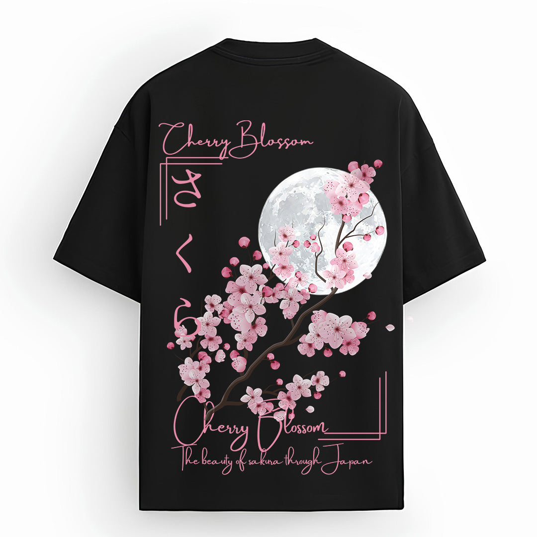 Mizuchi Sakura Tee back: Cherry blossom tree under moon, 'Cherry Blossom the beauty of Japan' text on black cotton tee.