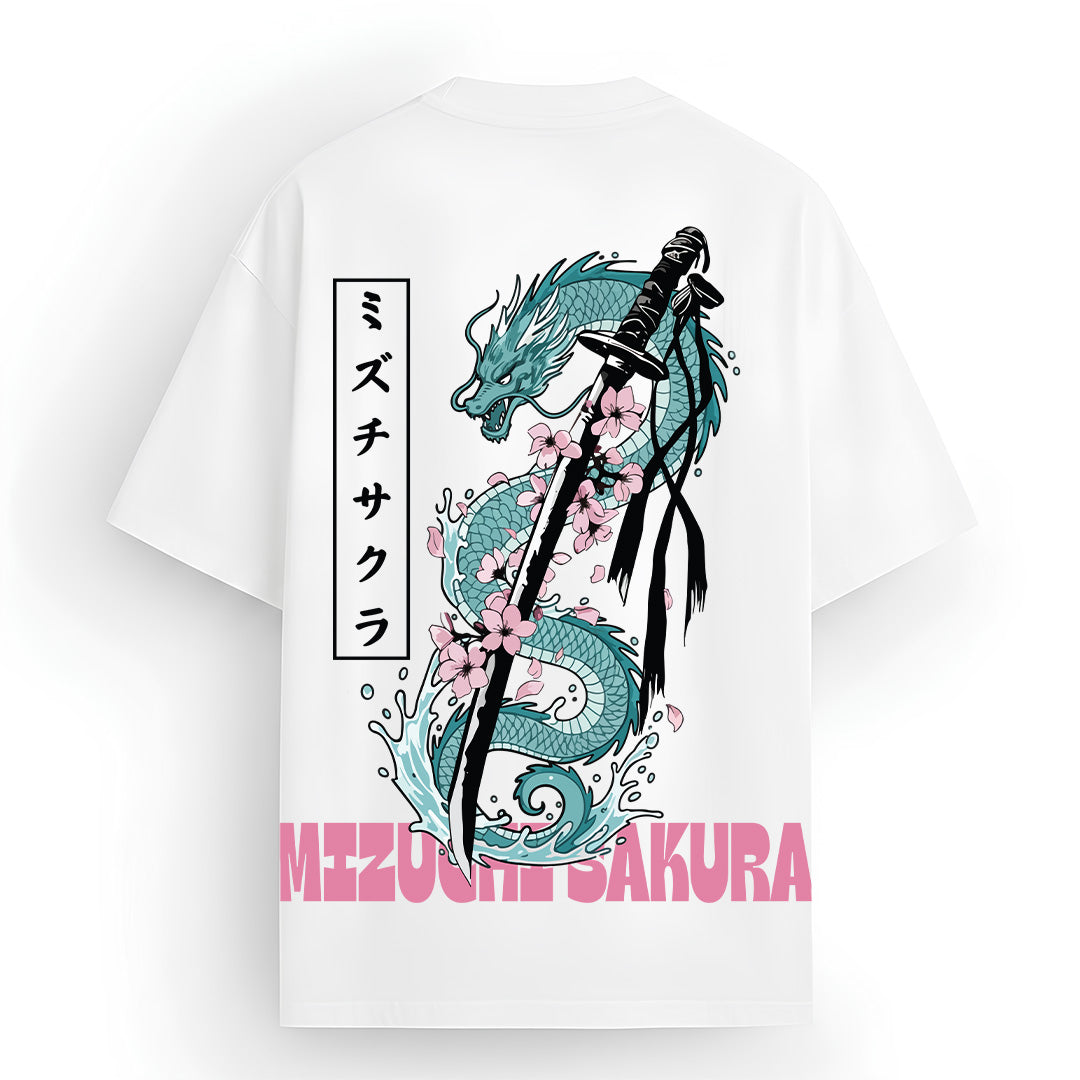 Mizuchi Sakura Dragon Tee back: Cyan dragon coiled katana sakura waves on premium white 100% cotton t-shirt Monochrome Series.