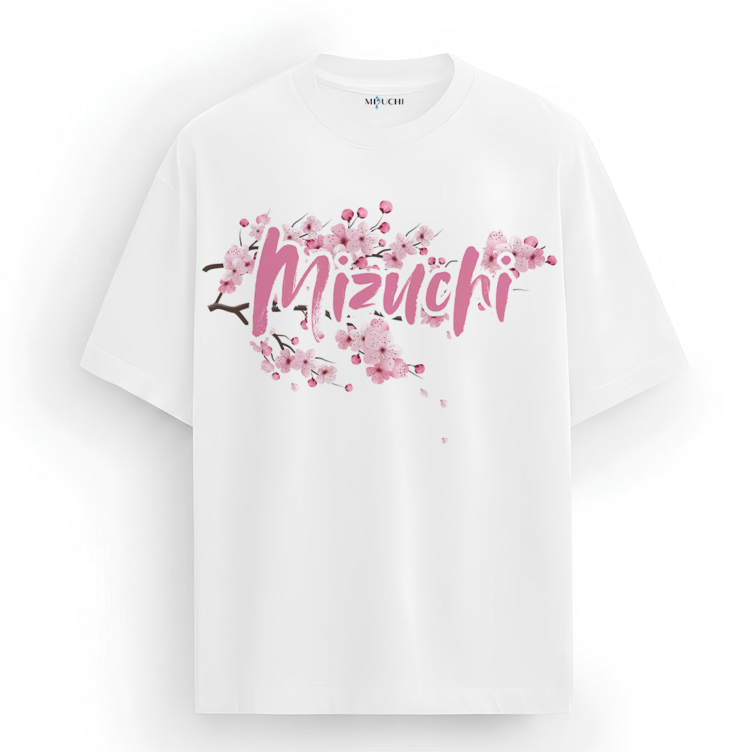Mizuchi Sakura Dragon Tee front: Pink cherry blossoms Mizuchi script on premium white 100% cotton t-shirt Monochrome Series.