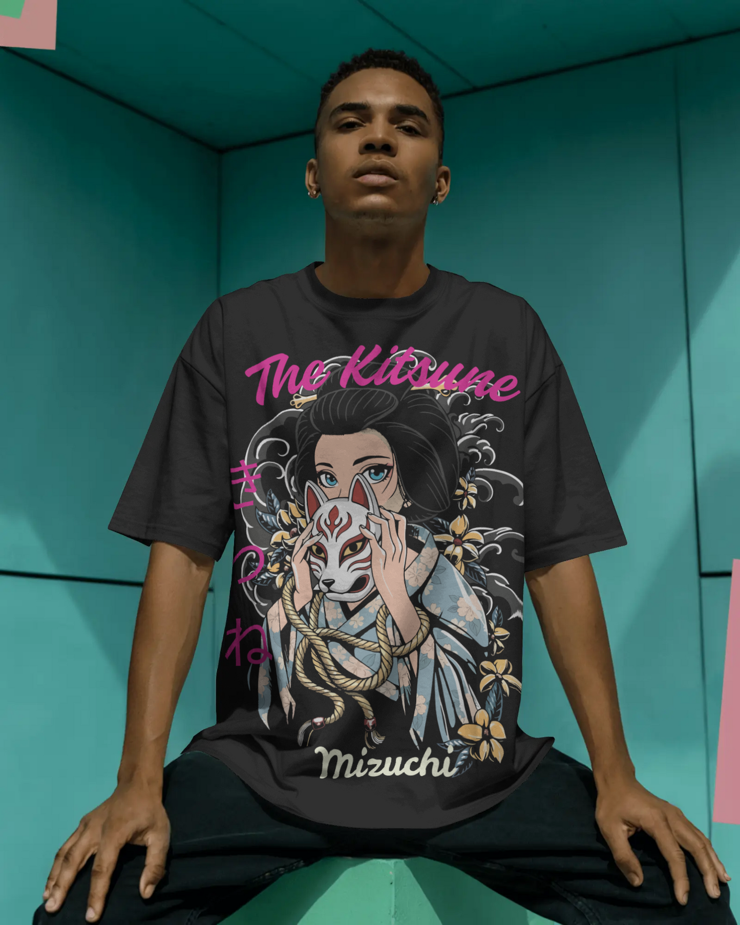 Mizuchi The Kitsune t-shirt front: Japanese yokai fox mask girl kimono design on black cotton tee direct film print.