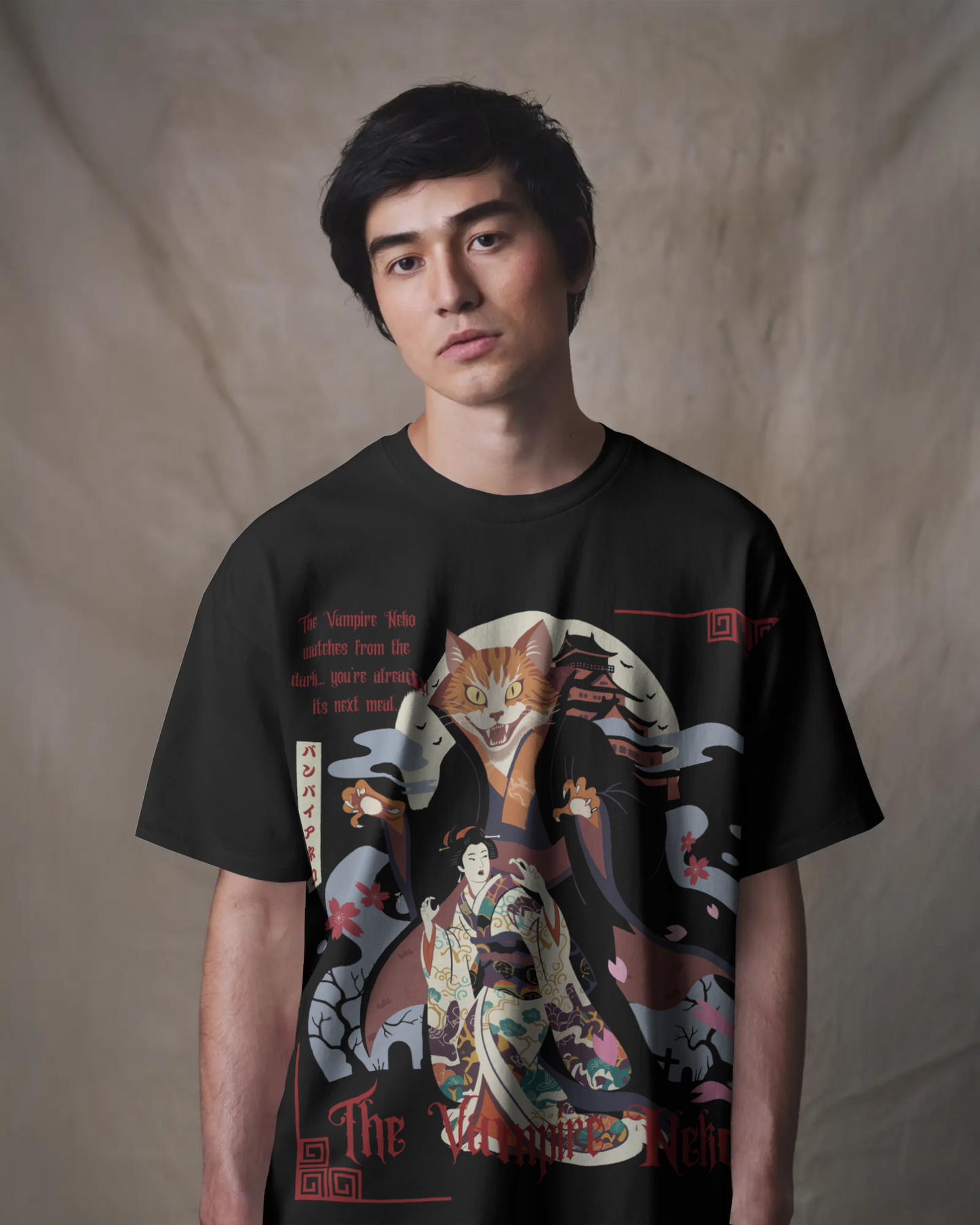 Mizuchi vampire cat geisha t-shirt front: Japanese horror neko claws kimono design on black cotton tee direct film print.
