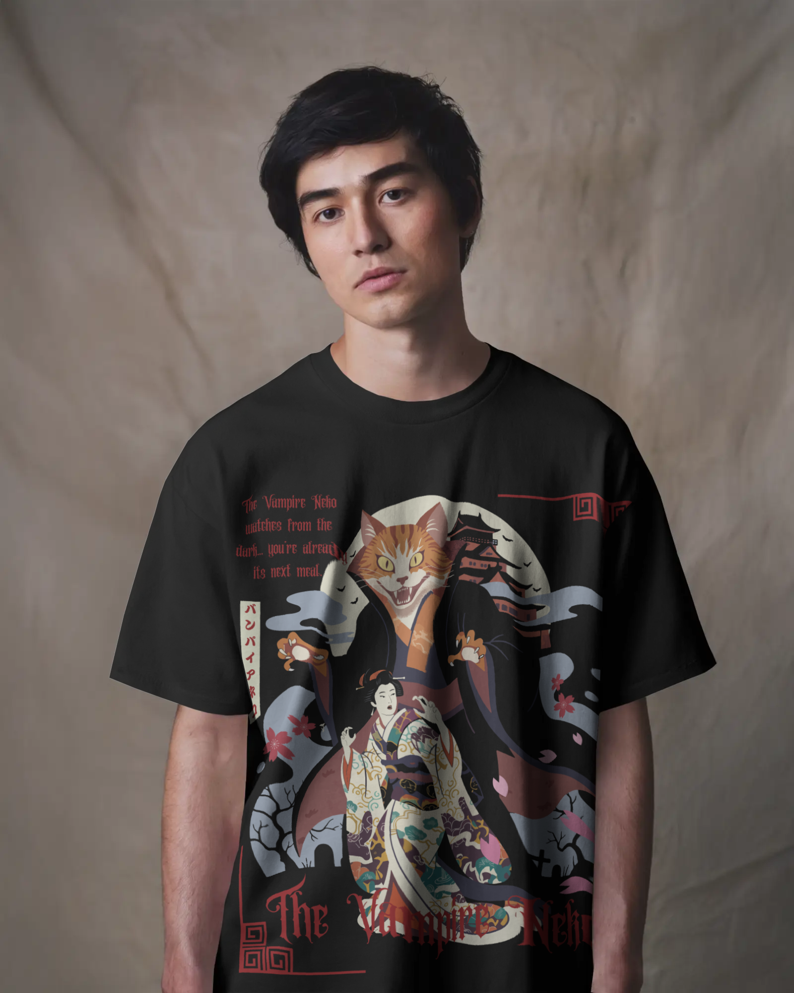 Mizuchi vampire cat geisha t-shirt front: Japanese horror neko claws kimono design on black cotton tee direct film print.
