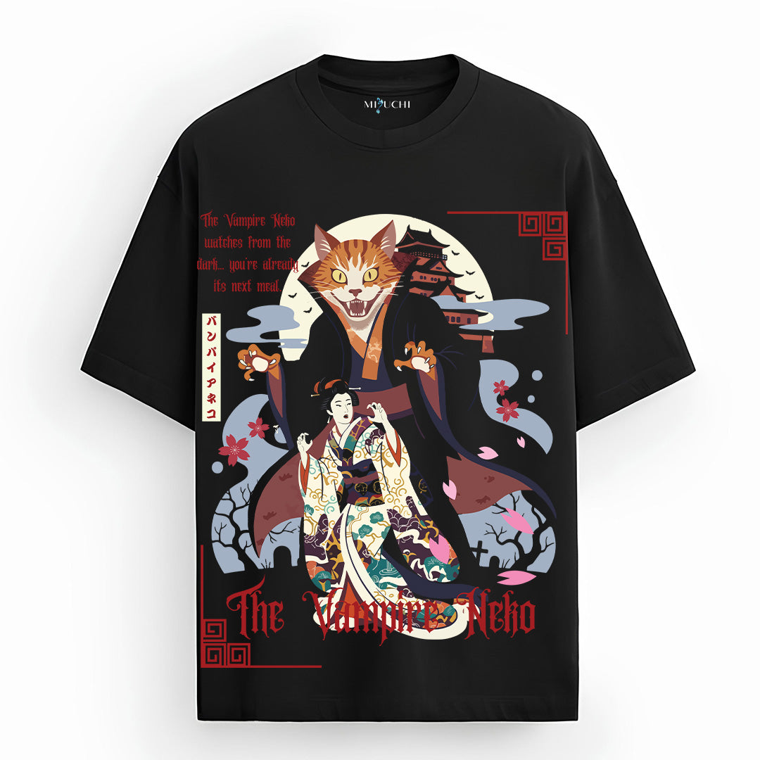 Mizuchi Vampire Neko Tee front: Vampire cat attacking geisha pagoda scene on premium black 100% cotton t-shirt Monochrome Series.
